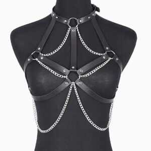 PU Leather Layered Chain Choker Harness